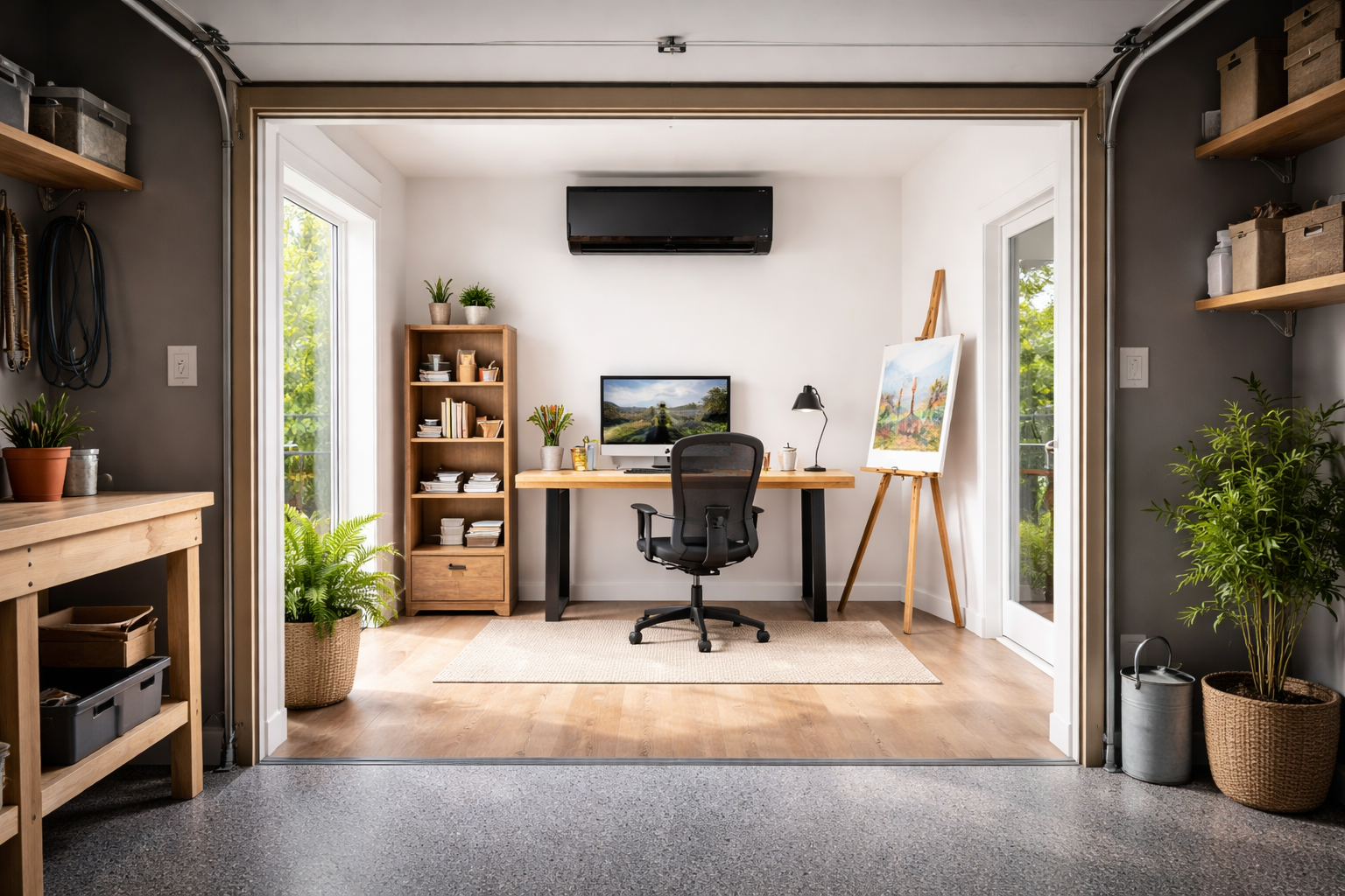 A modern, bright home office conversion of a garage, featuring a wooden desk, bookshelf, easel, and neutral decor.