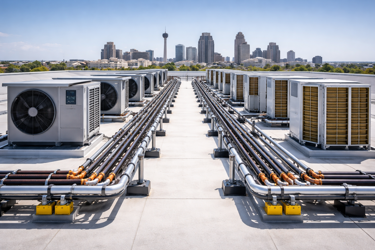 Rows of HVAC units on a rooftop with piping, set against a blurred city skyline.