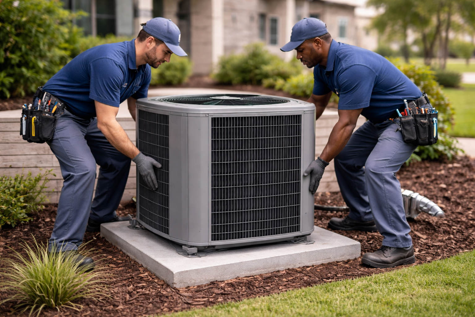 Two technicians in blue uniforms and caps lift a large HVAC unit onto a concrete pad outside a building.