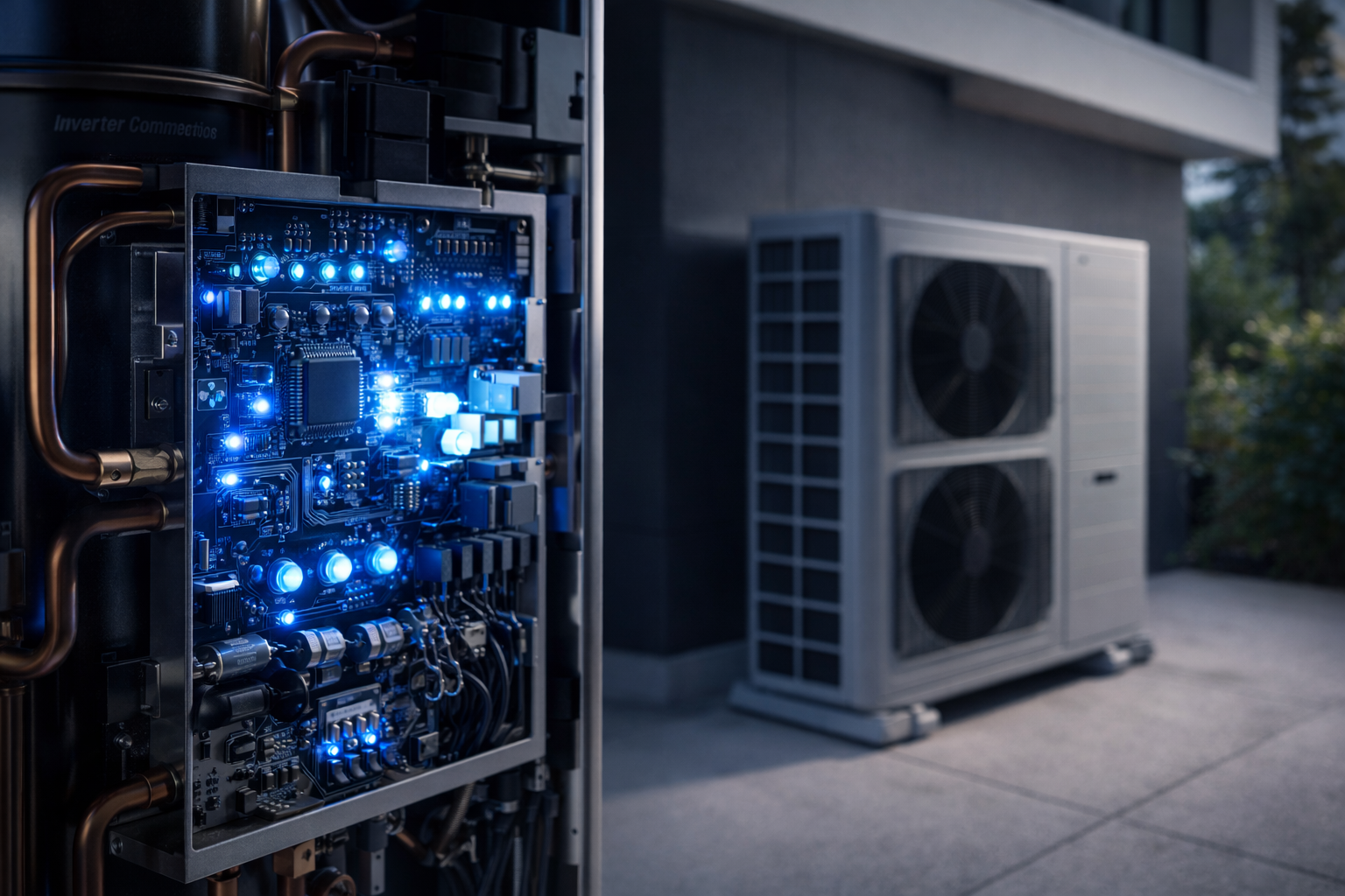 A close-up of a glowing blue circuit board inside an open air-source heat pump unit near a modern building exterior.