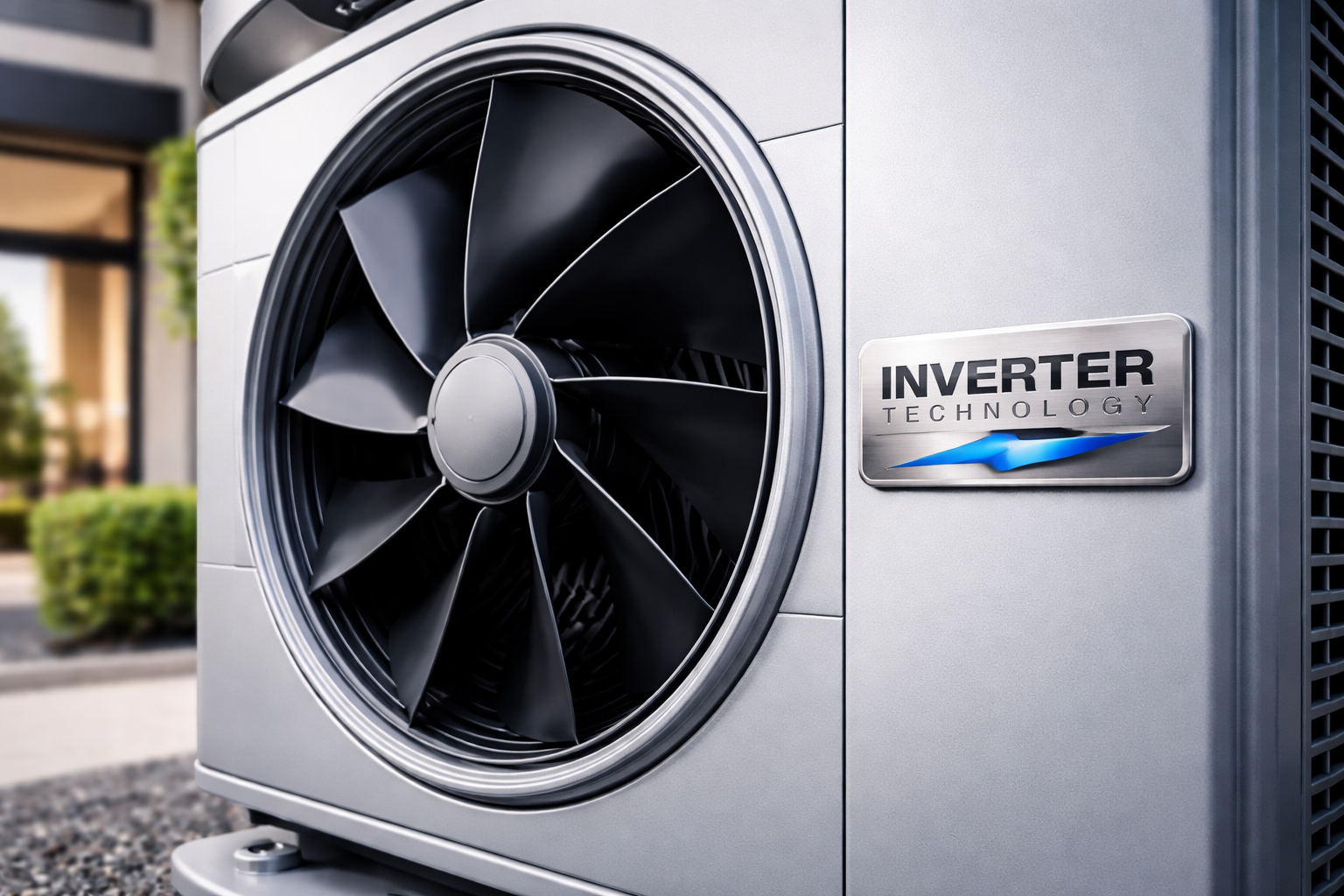 Outdoor air conditioning unit with a large black fan and a silver
