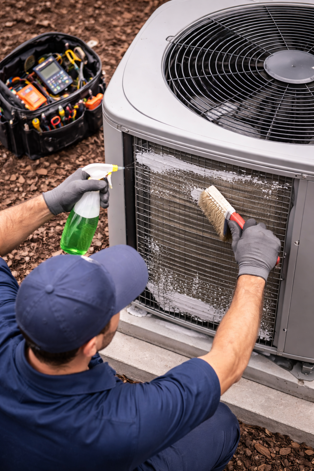 A worker in a blue uniform cleans an outdoor air conditioning unit with a brush and green cleaning spray.