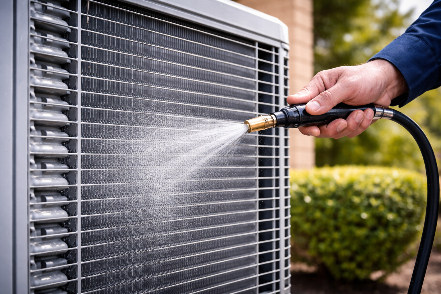 A person uses a hose to spray water onto the metal coils of an outdoor air conditioning unit to clean them.