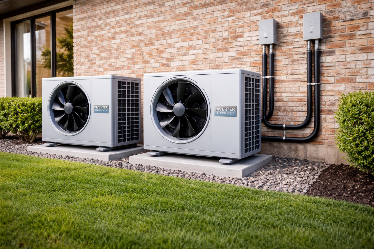 Two silver HVAC outdoor units installed on stone pads against a brick wall next to a green lawn.
