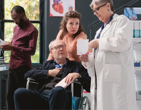 A man in a wheelchair is being examined by a doctor.