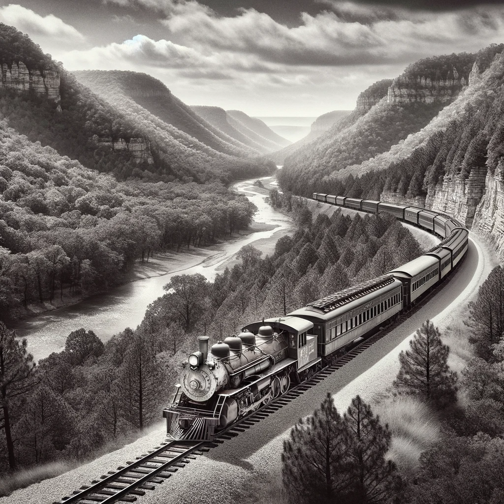 Steam locomotive pulling a long train through a winding mountain valley beside a river