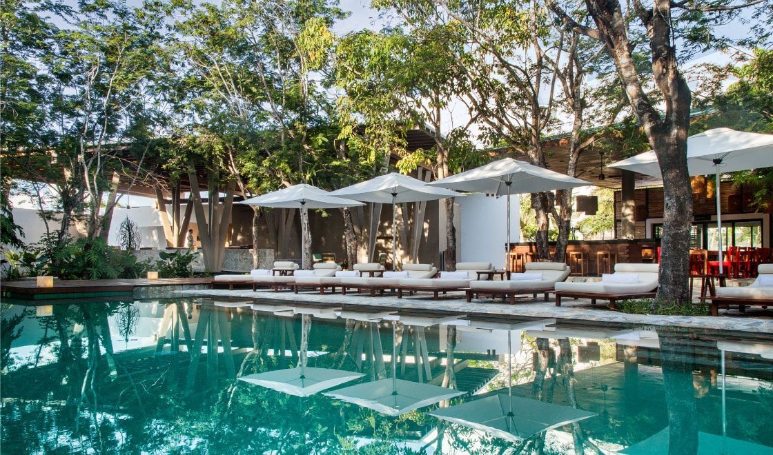 una piscina rodeada de muebles y sombrillas en un resort