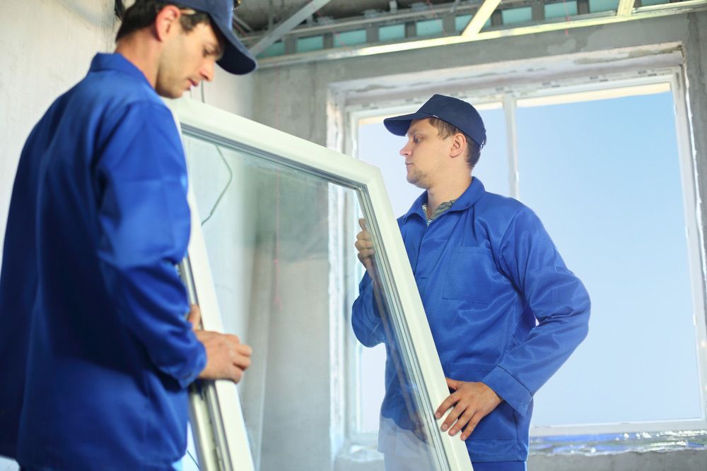Two Workers In Blue Work Clothes Set A New Window And Installation Window — Glass Repairs & Installations in Quirindi, NSW