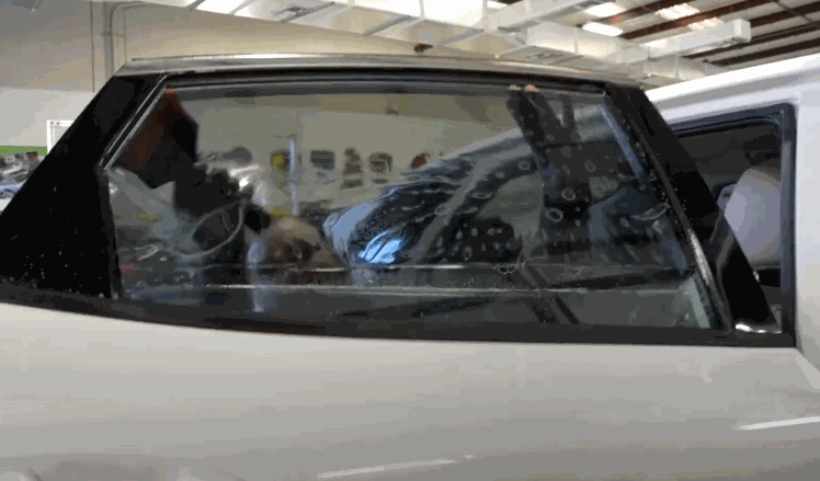 A technician installing ceramic window tint on the rear window of a white car, ensuring a bubble-free finish.