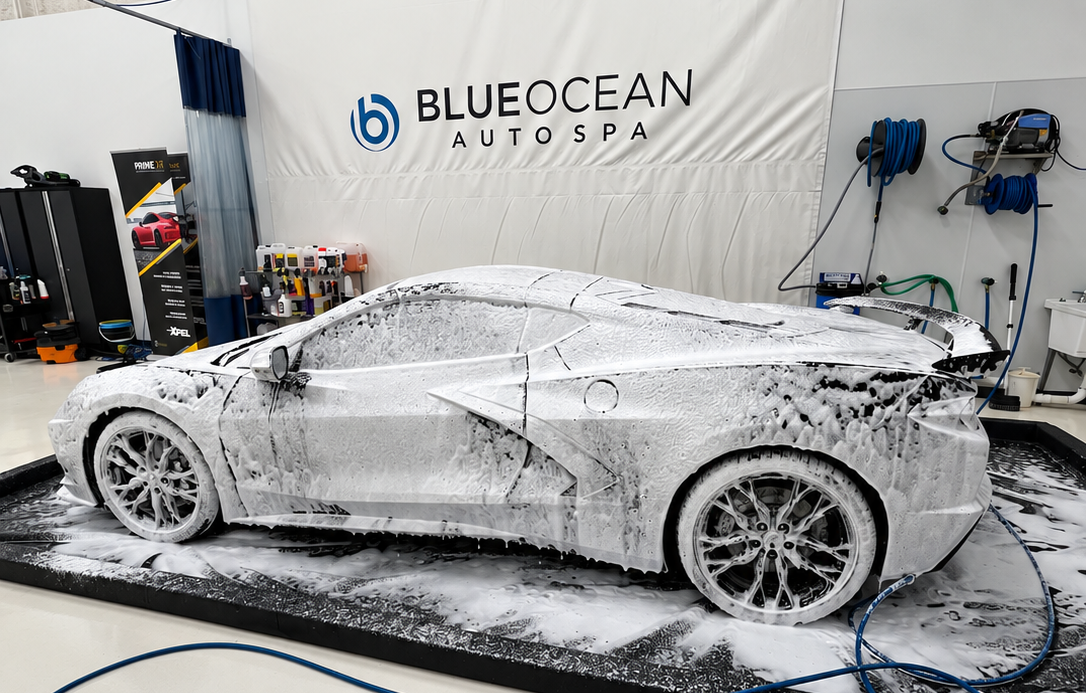 Corvette Stingray being washed before paint protection services