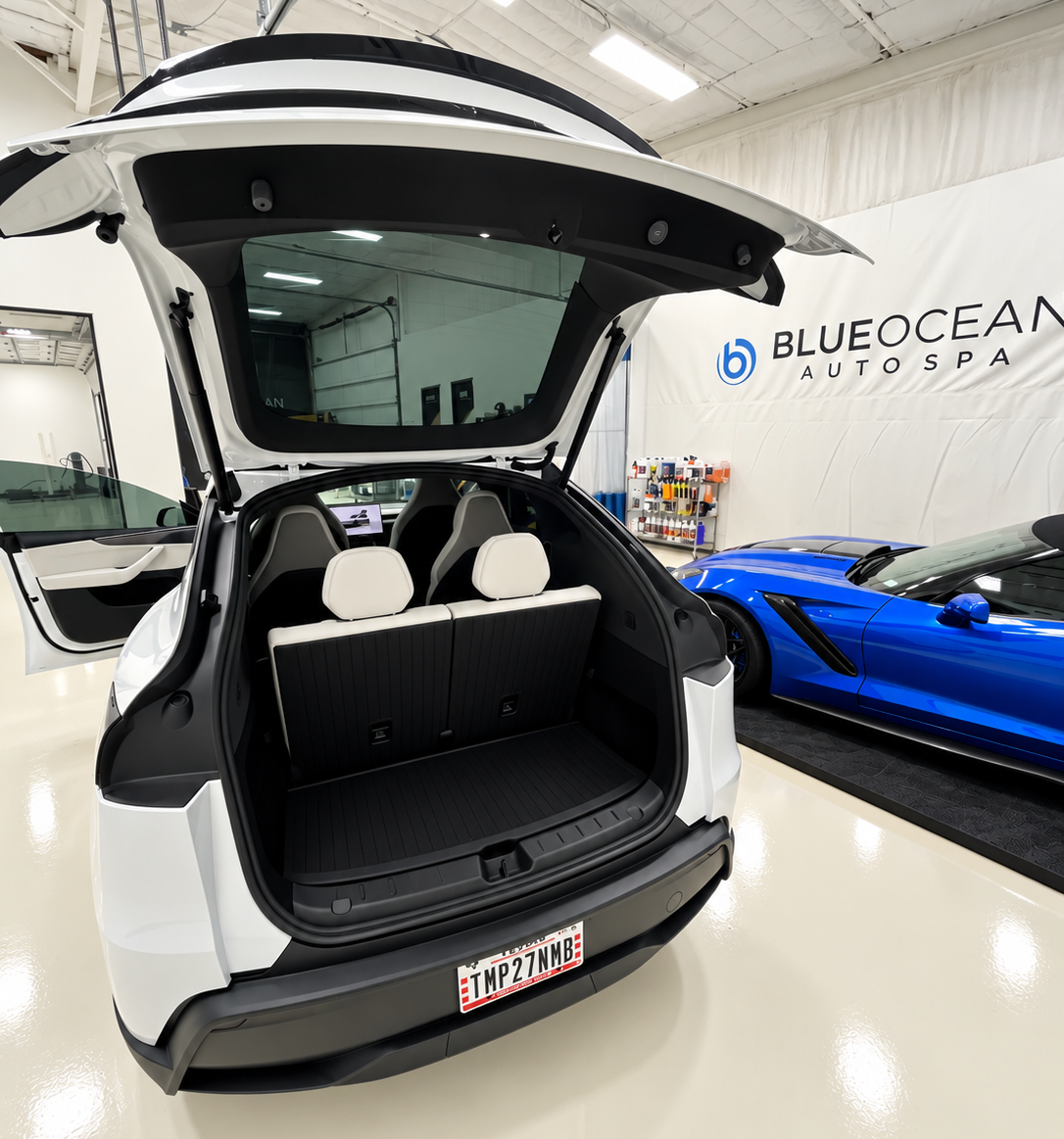 Rear cargo view showing six-seat interior of white 2027 Tesla Model Y L
