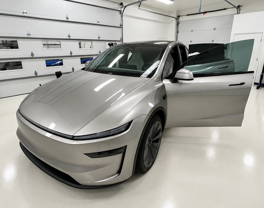 2027 Tesla Model Y L six-seater receiving XPEL window tint at Blue Ocean Auto Spa