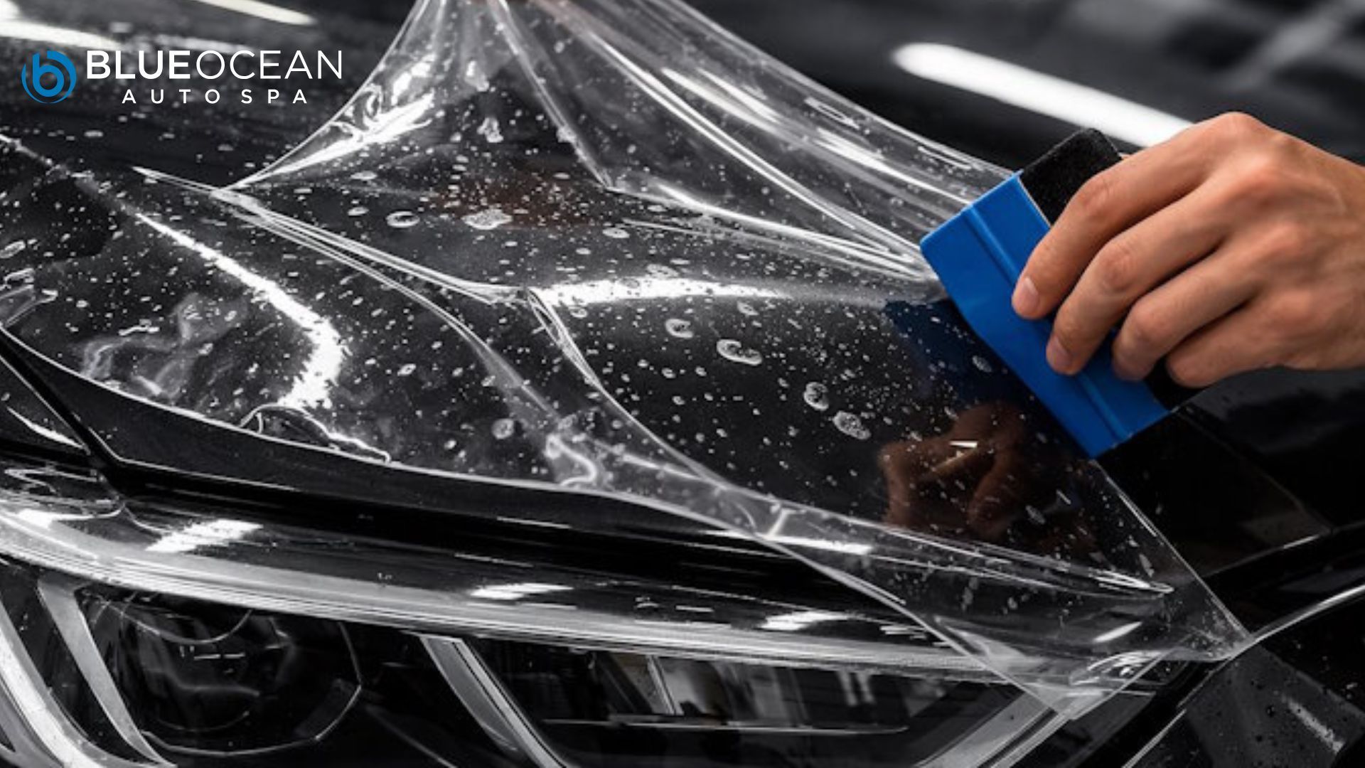 A hand uses a blue squeegee to smooth paint protection film over the headlight and front panel of a