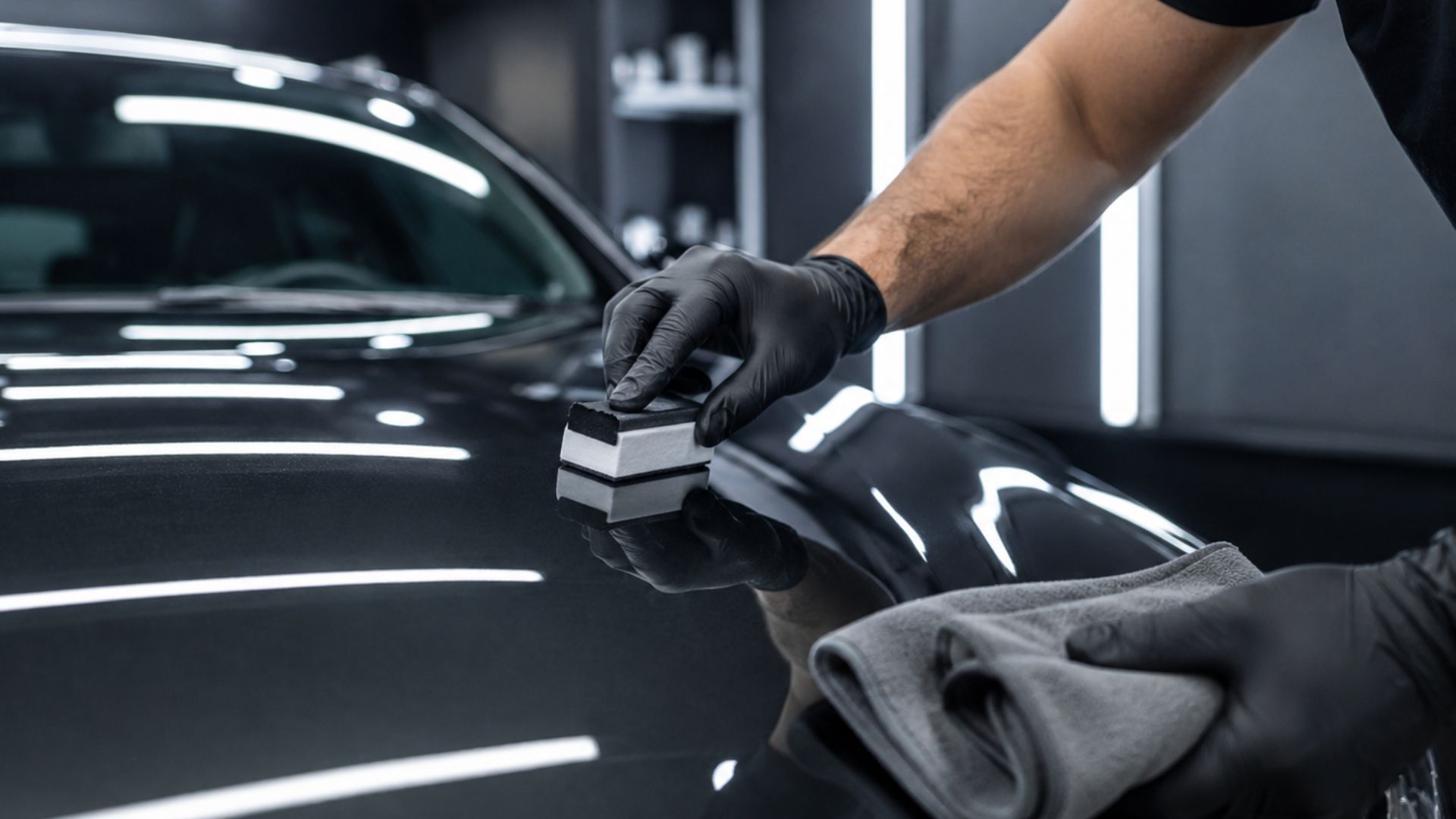 A technician in black gloves applies ceramic coating to the glossy hood of a dark vehicle with an ap