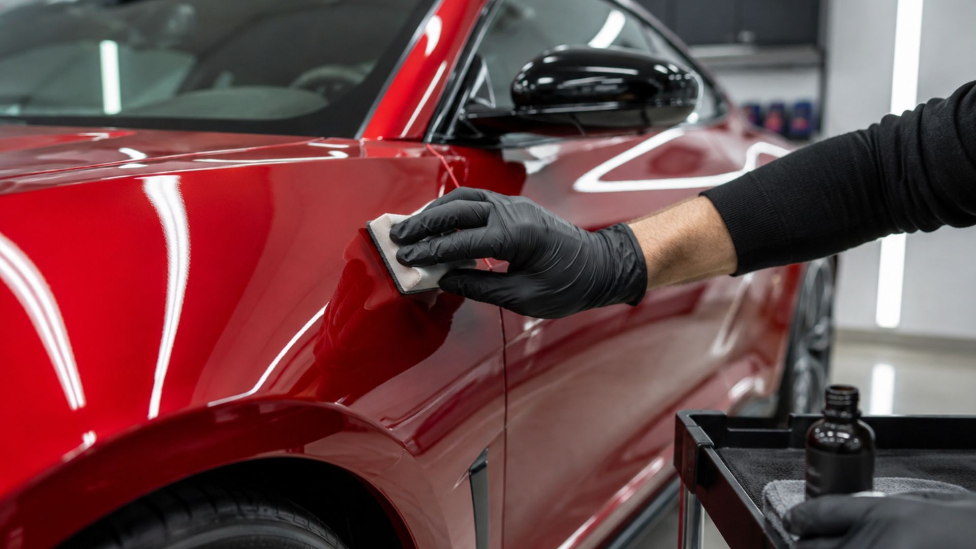Technician applies ceramic coating to the front fender of a red car with a handheld applicator.