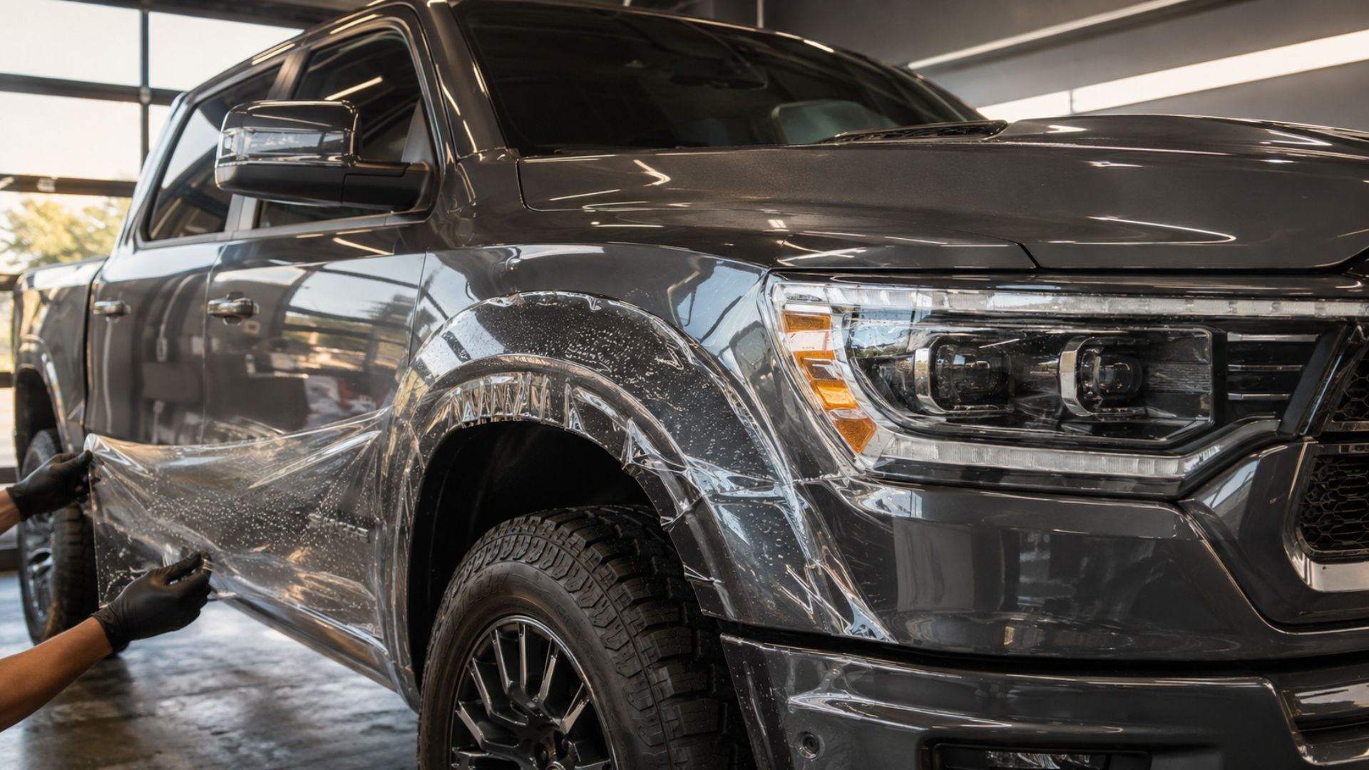 paint protection film installation on a truck
