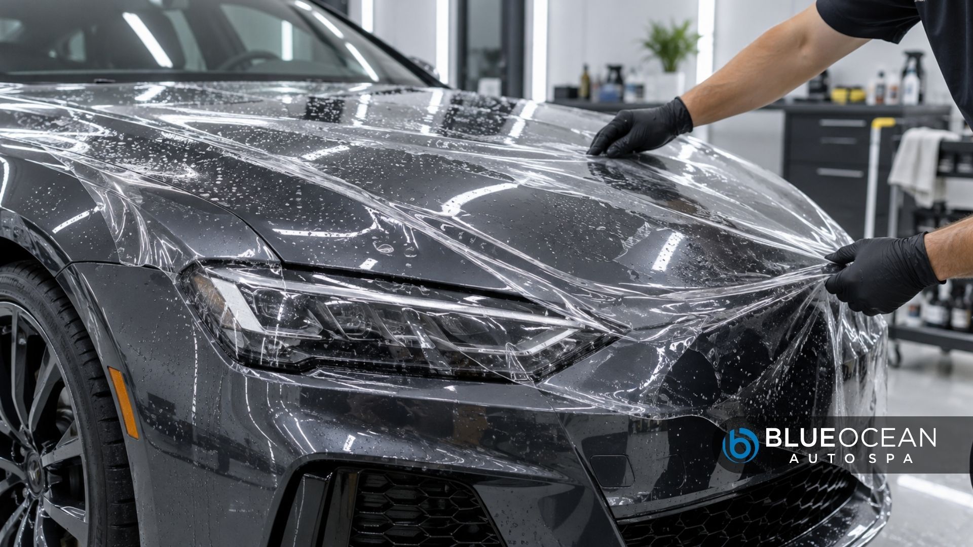 Installer stretches paint protection film across the hood and front bumper of a gray sedan during