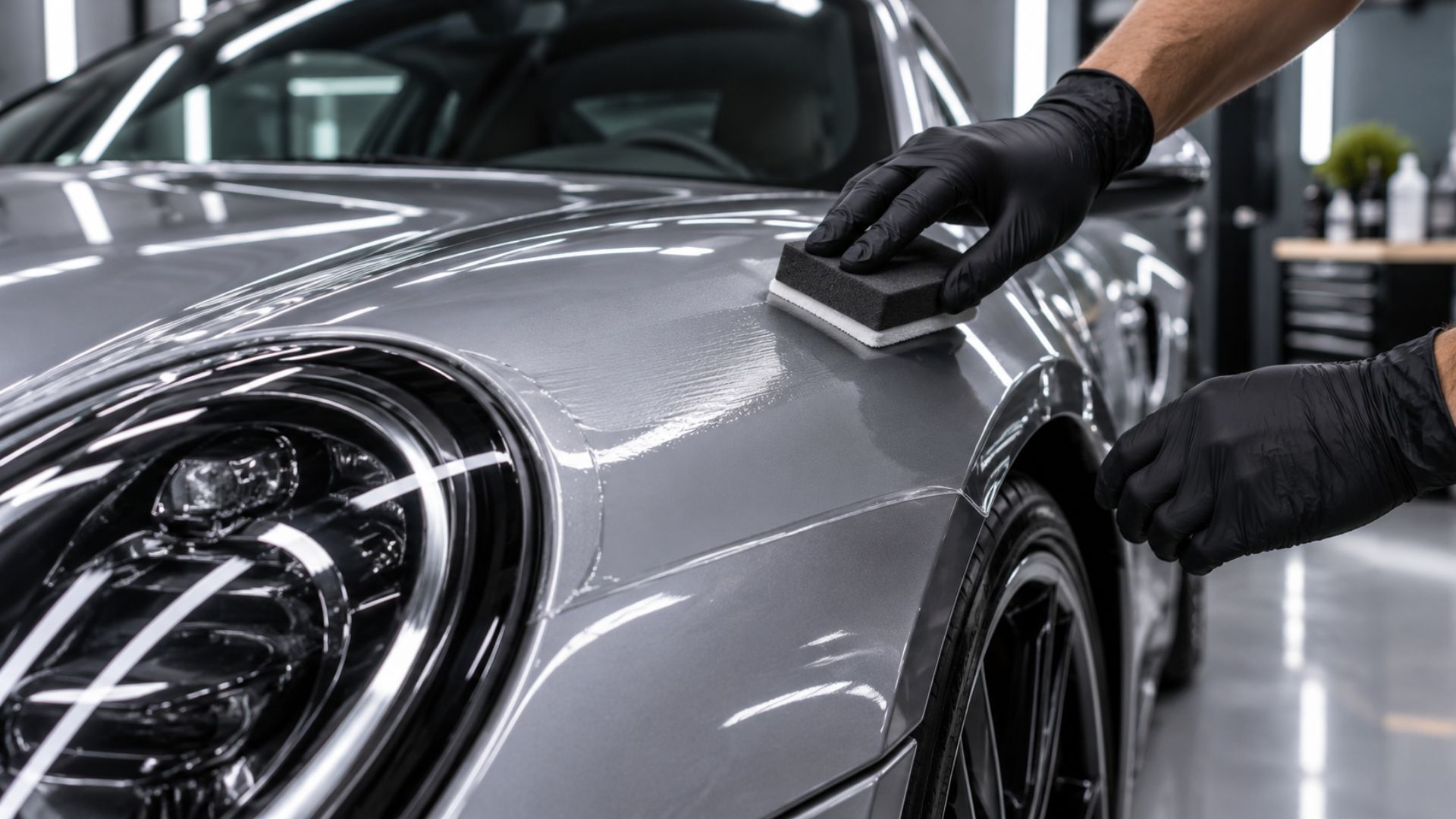 Technician applies ceramic coating to the front fender of a silver car with a foam applicator pad. T