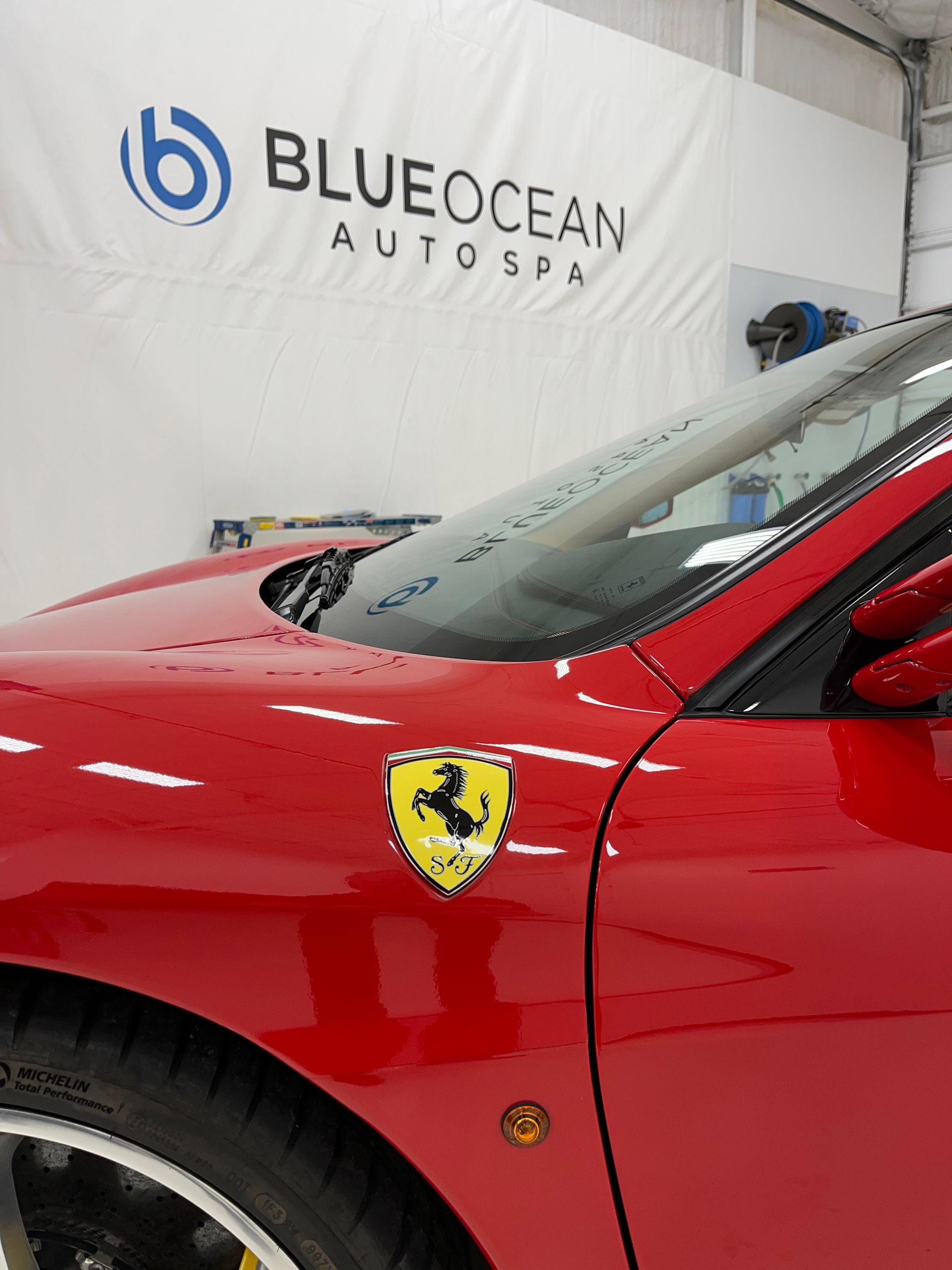 Red Ferrari with its emblem