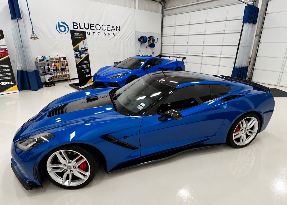 2016 C7 and 2026 C8 Corvettes together at Blue Ocean Auto Spa in Cedar Park