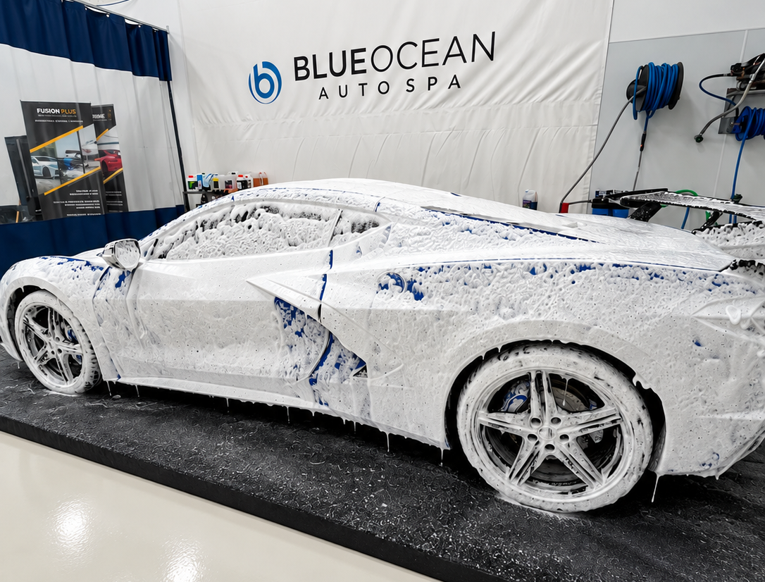 Blue Corvette covered in foam during an indoor decontamination wash at Blue Ocean Auto Spa