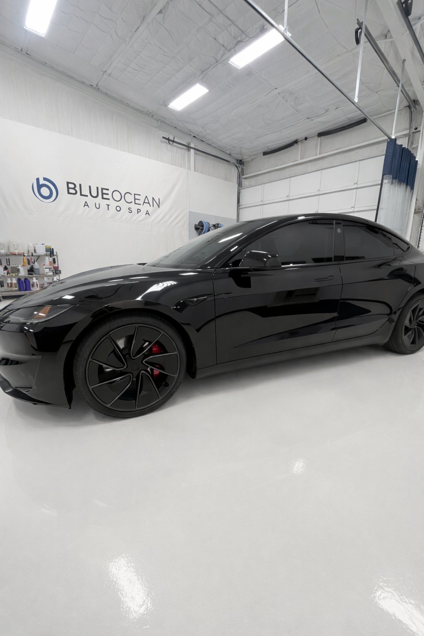 2026 Tesla Model 3 shown here in the Blue Ocean Auto Spa studio after receiving the following services: Ceramic Window Tint
