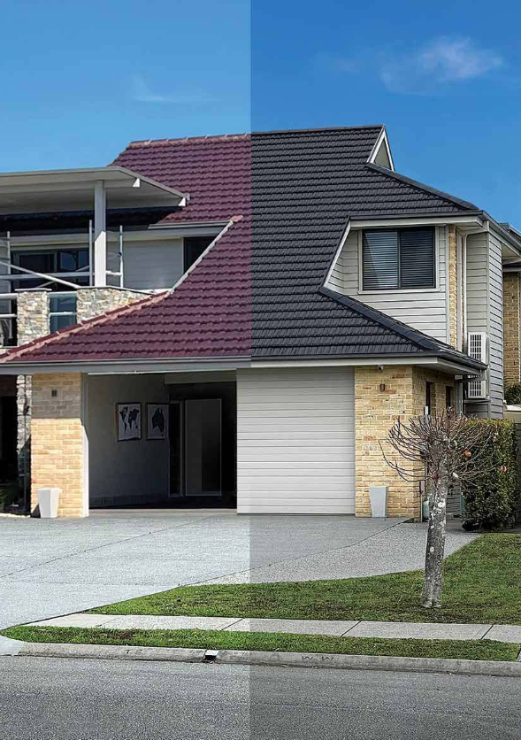 A Before and After Photo of a House With a Red Roof — Mr Roof Tiles in Kingscliff, NSW