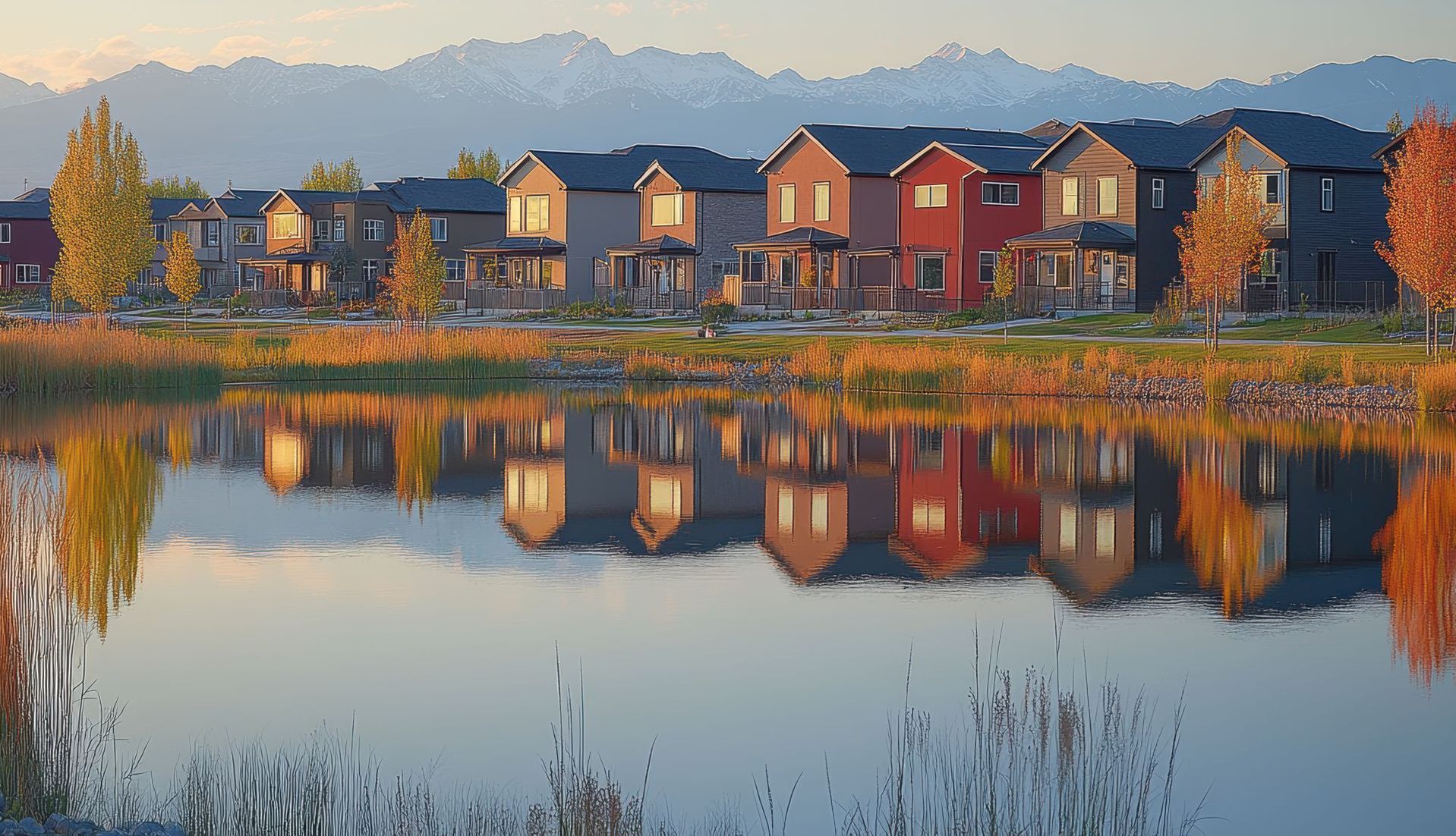 A row of houses next to a lake with mountains in the background.