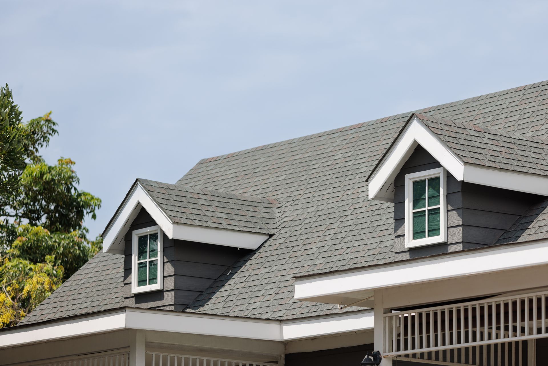 Two dormer windows on a gray shingled house roof beside a leafy tree