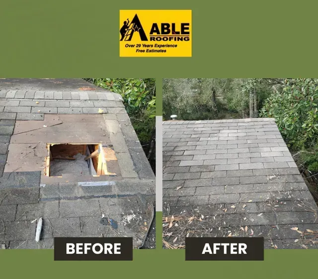 Before-and-after roof repair: damaged chimney area replaced with matching shingles.