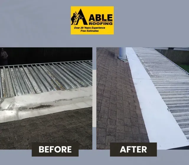 Before-and-after ramp repair: damaged metal ramp beside a brick walkway, then a smooth white ramp strip.