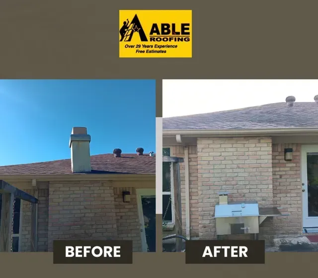 Before-and-after of a brick house chimney repair with roof flashing update; Able Roofing logo at top.