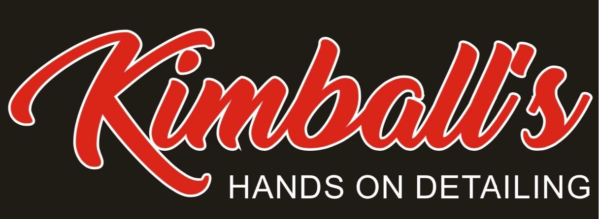 Logo for Kimball's Hands On Detailing. Red script text on black background.