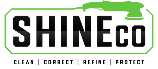 Logo for SHINEco, a detailing company. Black text on a green border, with a green buffer tool illustration.