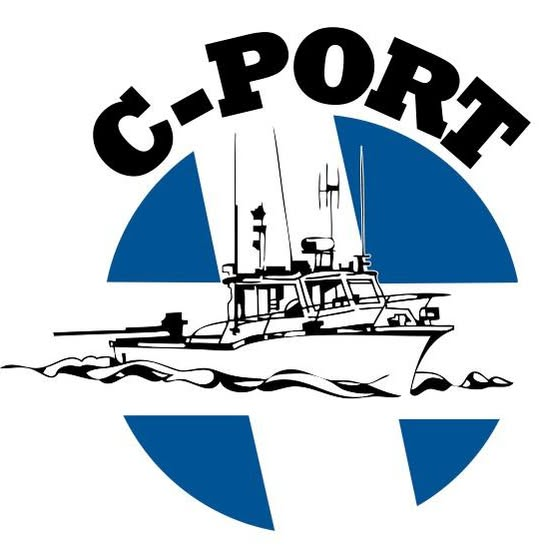 C-PORT logo with black boat silhouette over blue circle and wavy water lines