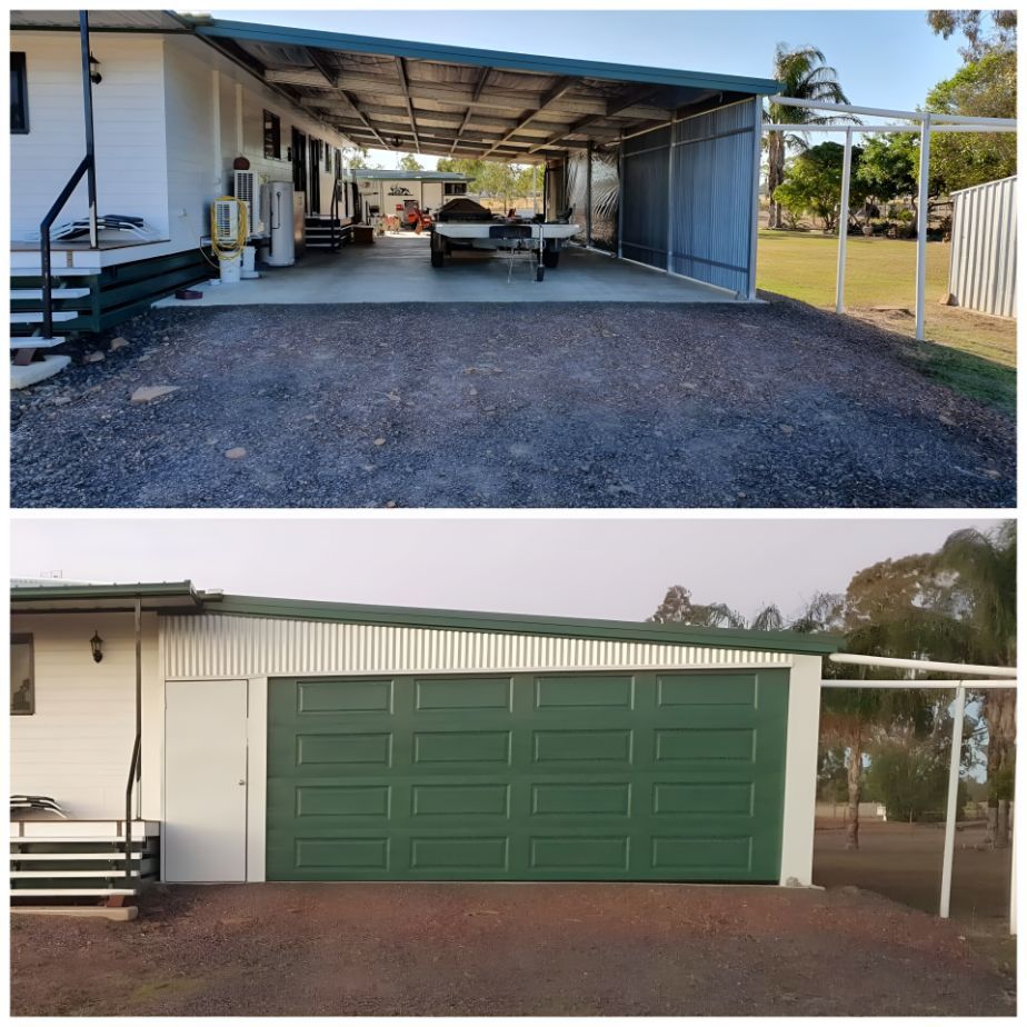 A Before and After Picture of a Garage With a Green Door — South Burnett Garage Doors In Kingaroy, QLD