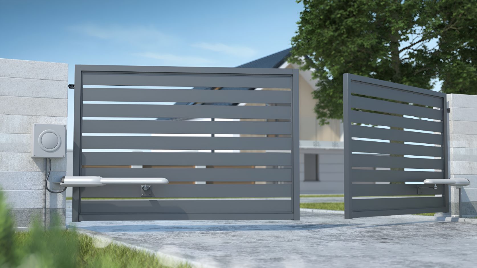 A Gray Gate is Open to a Driveway in Front of a House — South Burnett Garage Doors In Kingaroy, QLD