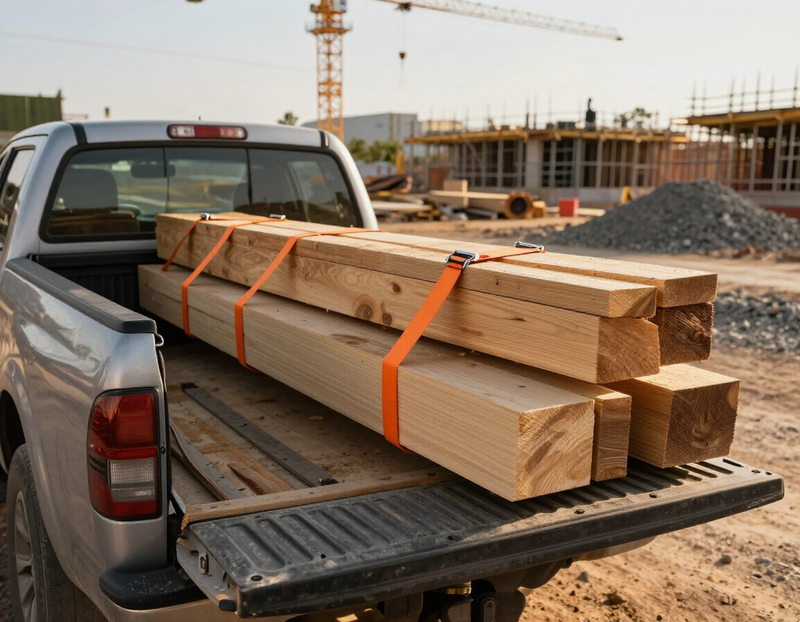 Pickup truck hauling construction materials with EZY HOOK