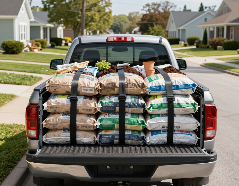 Pickup truck hauling landscaping supplies with EZY HOOK
