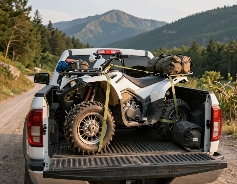 Pickup truck securing recreational equipment with EZY HOOK