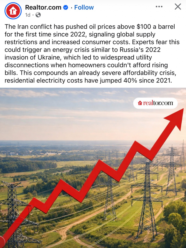 Red stock price arrow over power lines and rural landscape, illustrating electricity cost increases