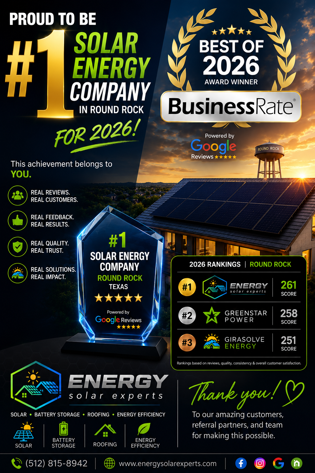 Solar Energy Company 2026 award poster with dark background, gold badges, and solar panel imagery
