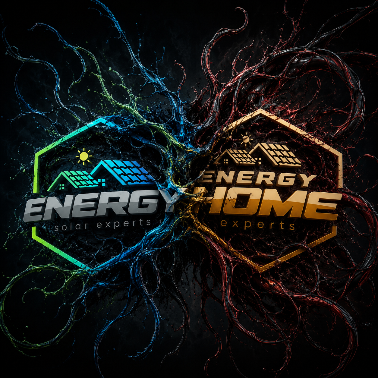 Dual esports logos, Energy and Atome, in blue and gold with glowing electric swirls on a dark background