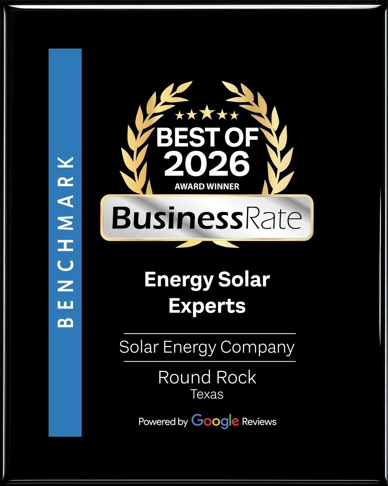 BusinessRate Best of 2026 benchmark award for Energy Solar Experts in a black plaque design