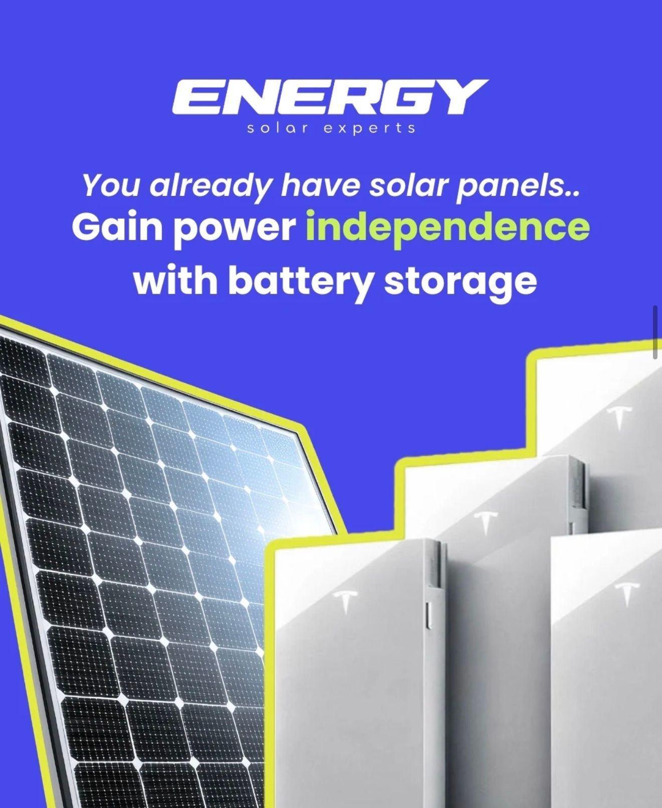 Energy Solar promo with solar panels and battery storage on a blue background.