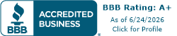 BBB Accredited Business badge with A+ rating and “As of 6/24/2026 Click for Profile” text