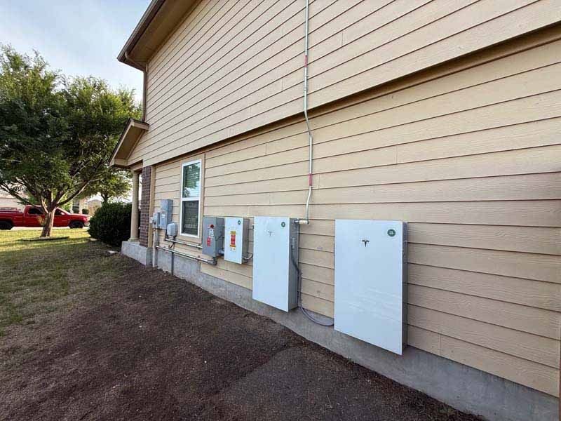 Exterior wall with utility boxes and meters beside a grassy yard