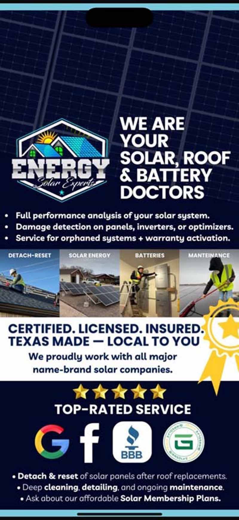 Blue solar ad for roof and battery installation, with logo, service claims, and certification badges.