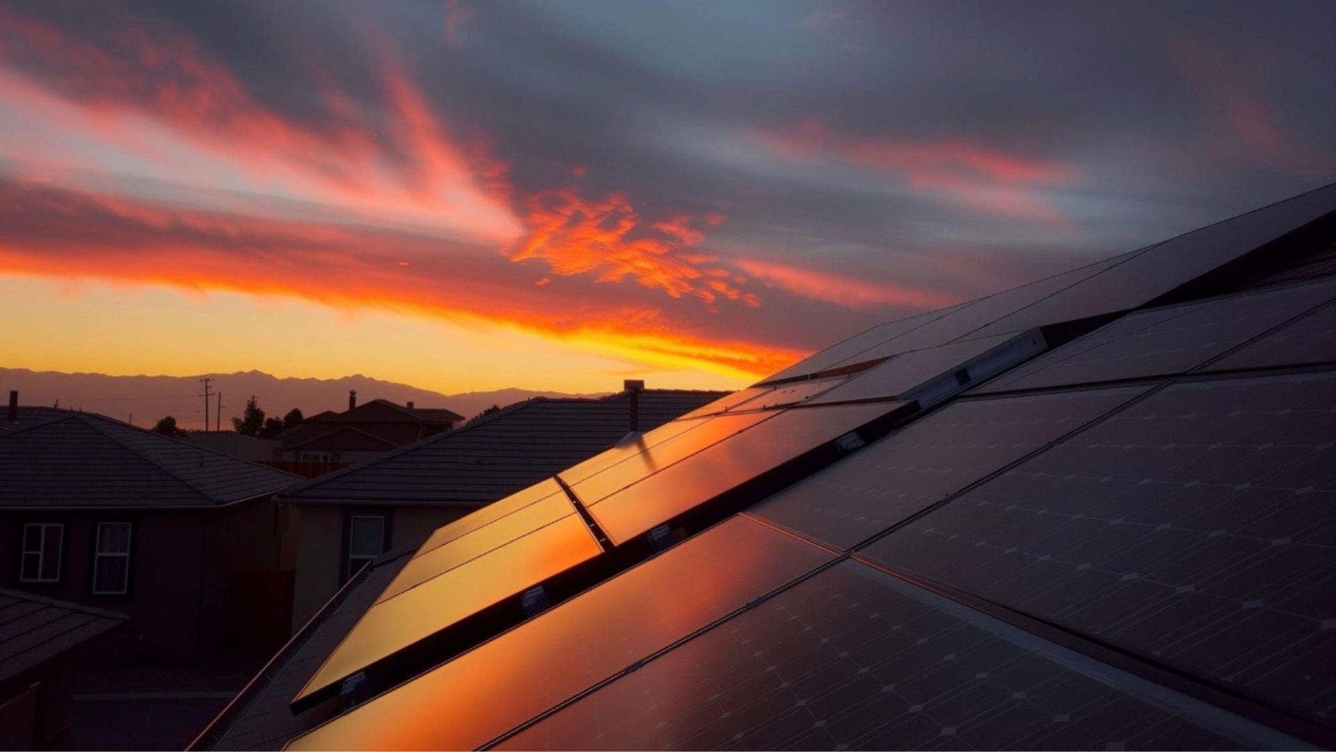 Sunset over a residential neighborhood, with orange and pink clouds reflecting on a slanted solar panel.