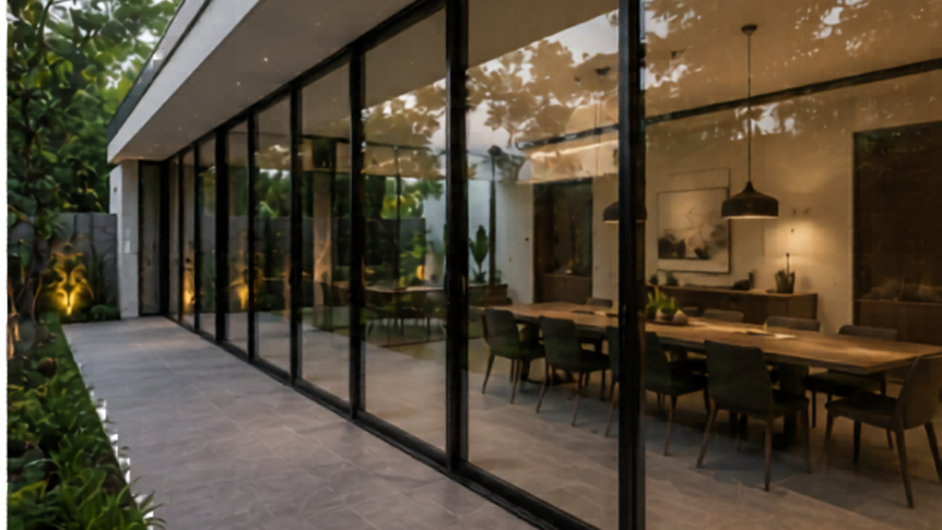 Modern glass-front house with warm-lit dining room and long patio beside a garden path